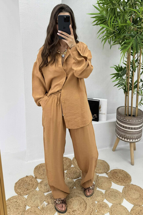 SHIRT+TROUSERS LACINGS ONE COLOR WOMEN SET LIGHT BROWN/KAZB 