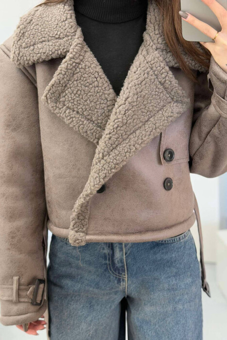 SHORT BELTED FLUFFY WOMEN JACKET GREY/GRI - 3