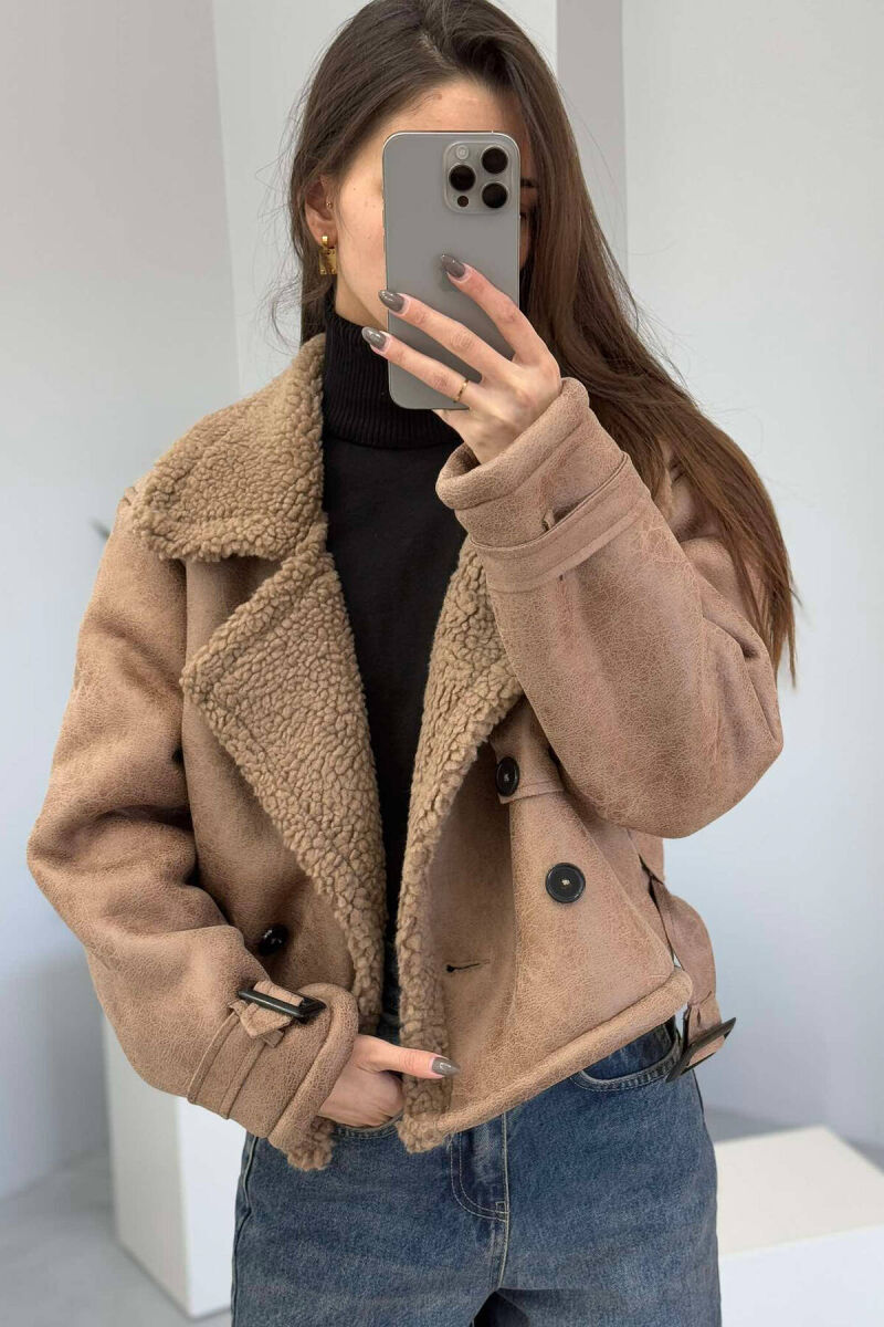 SHORT BELTED FLUFFY WOMEN JACKET IN BROWN COLOR - 9