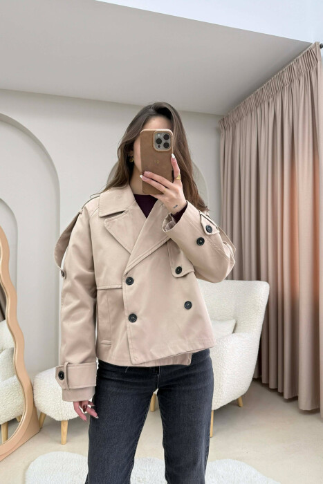 SHORT DOUBLE-BREASTED TRENCH WOMEN COAT BEIGE/BEZHE - KLAUDIO FASHION