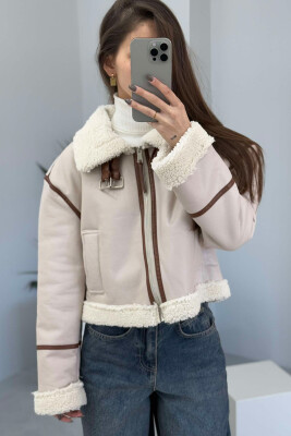 SHORT LEATHER FLUFFY WOMEN JACKET CREAM/KREM 