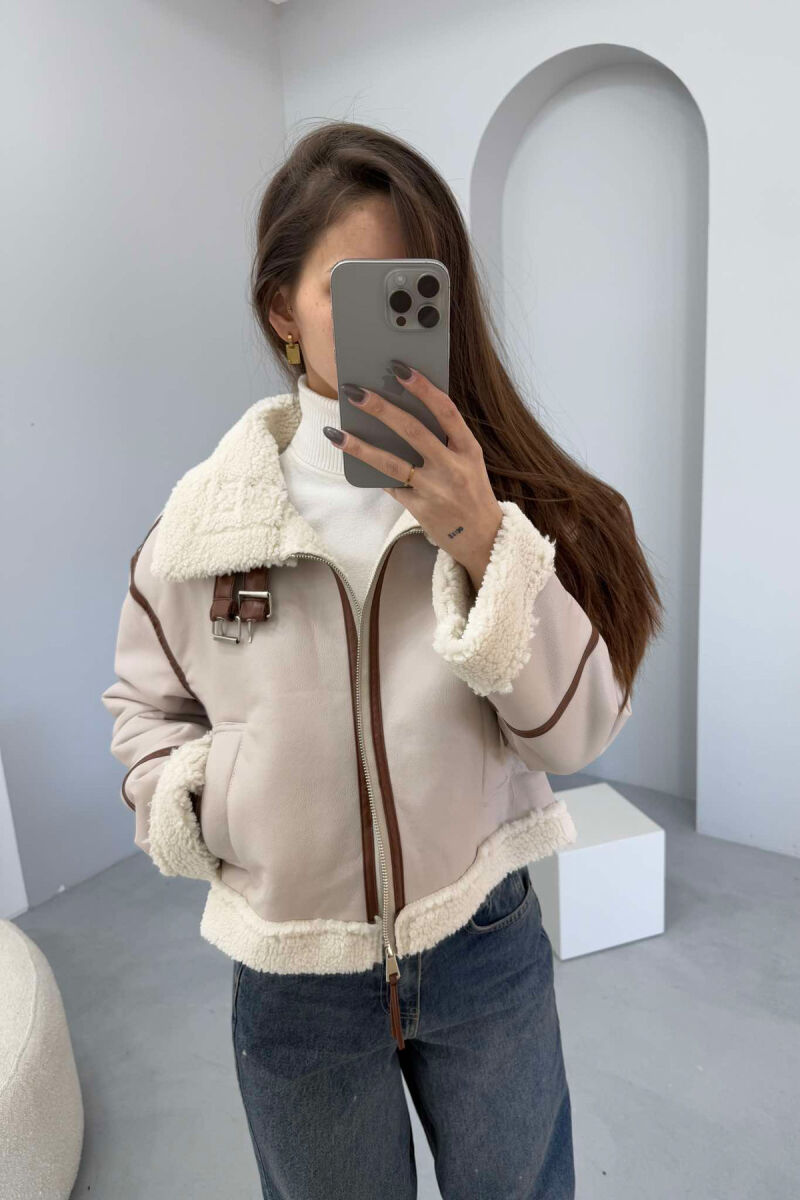 SHORT LEATHER FLUFFY WOMEN JACKET CREAM/KREM - 2