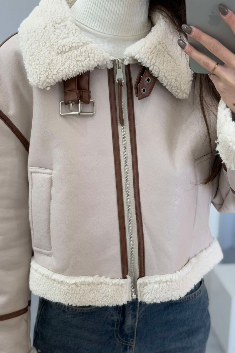 SHORT LEATHER FLUFFY WOMEN JACKET CREAM/KREM - 3