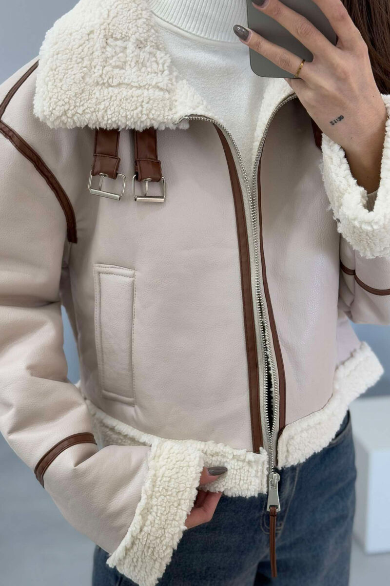 SHORT LEATHER FLUFFY WOMEN JACKET CREAM/KREM - 4