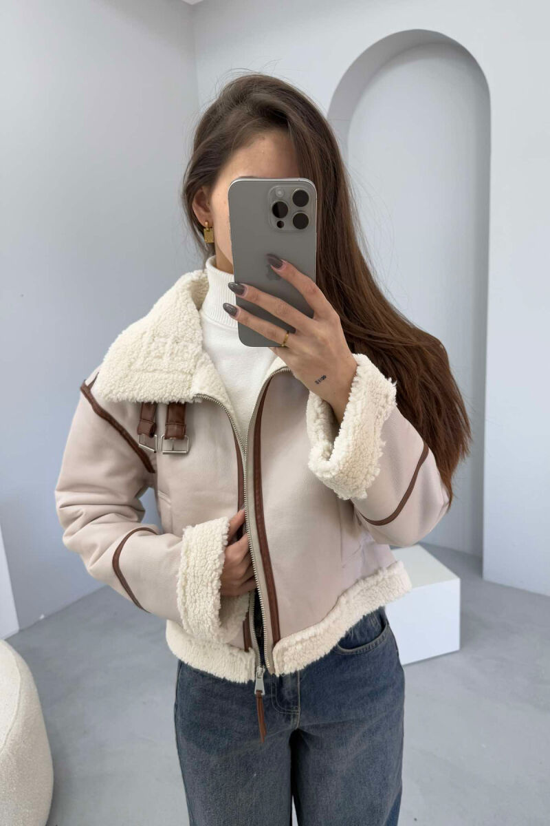 SHORT LEATHER FLUFFY WOMEN JACKET CREAM/KREM - 5