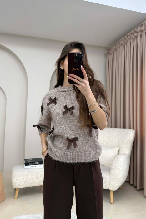 SHORT SLEEVE BOW DETAIL WOMAN SWEATER BEIGE/BEZHE 