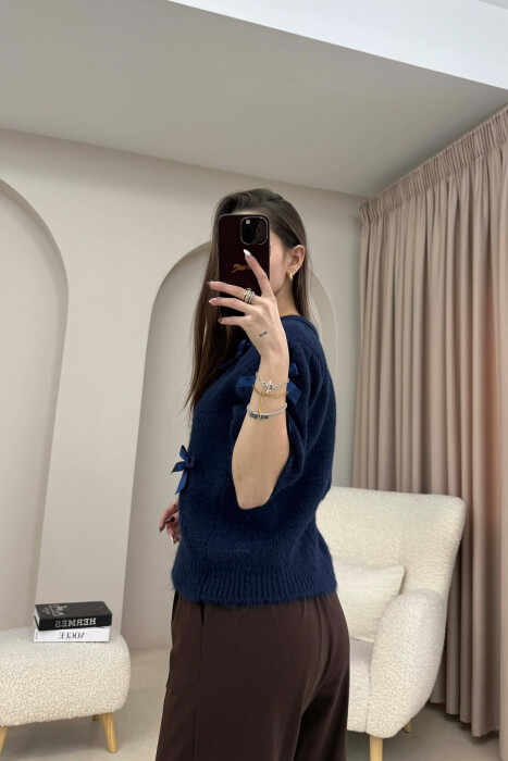 SHORT SLEEVE BOW DETAIL WOMAN SWEATER DARK BLUE/BEE - 3