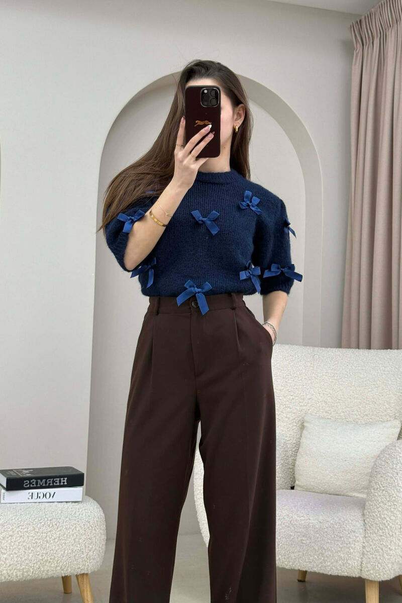 SHORT SLEEVE BOW DETAIL WOMAN SWEATER DARK BLUE/BEE - 4