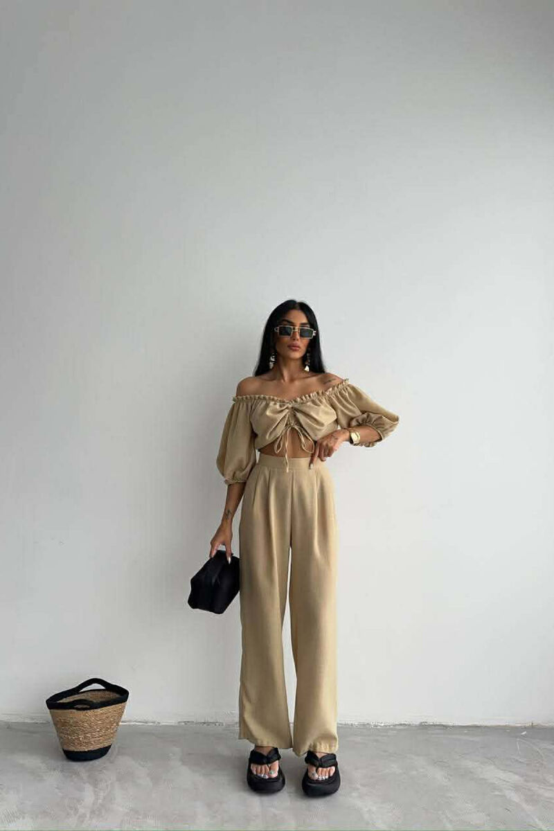 SHORT SLEEVE CROP TOP +TROUSERS WOMAN TWO PIECE SET BEIGE/BEZHE - 1