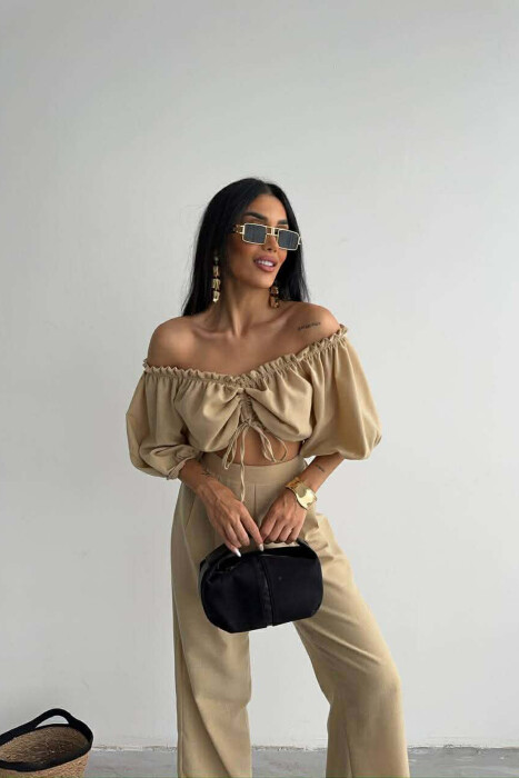 SHORT SLEEVE CROP TOP +TROUSERS WOMAN TWO PIECE SET BEIGE/BEZHE - 2