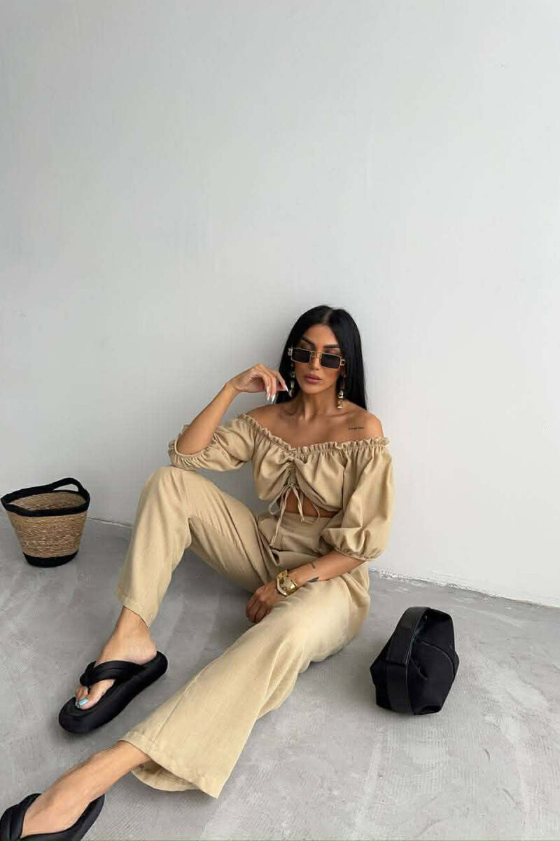 SHORT SLEEVE CROP TOP +TROUSERS WOMAN TWO PIECE SET BEIGE/BEZHE - 3