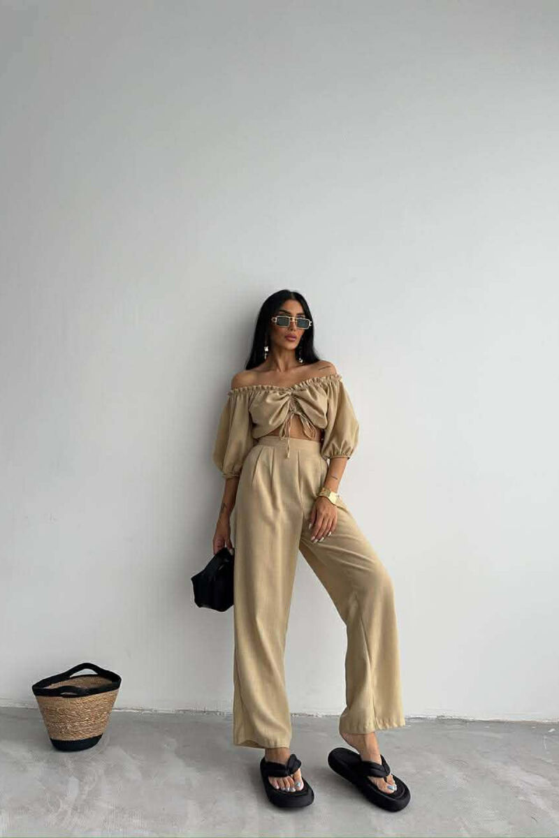 SHORT SLEEVE CROP TOP +TROUSERS WOMAN TWO PIECE SET BEIGE/BEZHE - 5