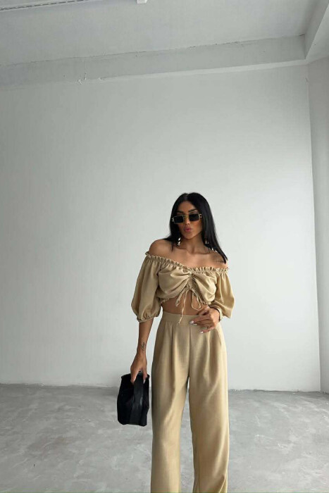 SHORT SLEEVE CROP TOP +TROUSERS WOMAN TWO PIECE SET BEIGE/BEZHE - 6