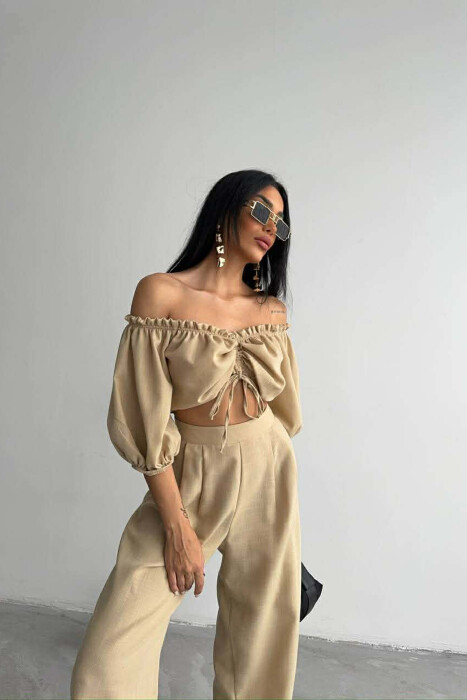 SHORT SLEEVE CROP TOP +TROUSERS WOMAN TWO PIECE SET BEIGE/BEZHE - 7