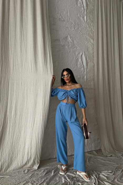 SET CROP TOP + PANTALLONA PER FEMRA NE NGJYRE BLU 