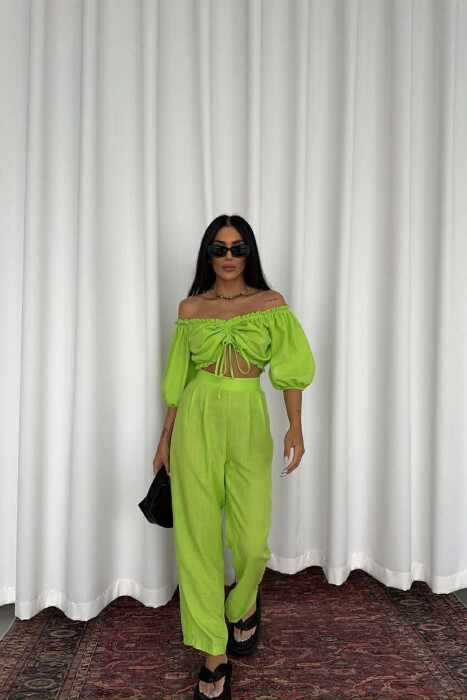 SHORT SLEEVE CROP TOP +TROUSERS WOMAN TWO PIECE SET NEON/NEON 