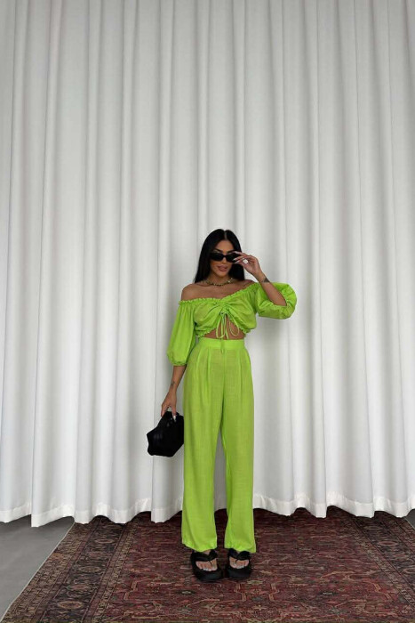 SHORT SLEEVE CROP TOP +TROUSERS WOMAN TWO PIECE SET NEON/NEON - 3