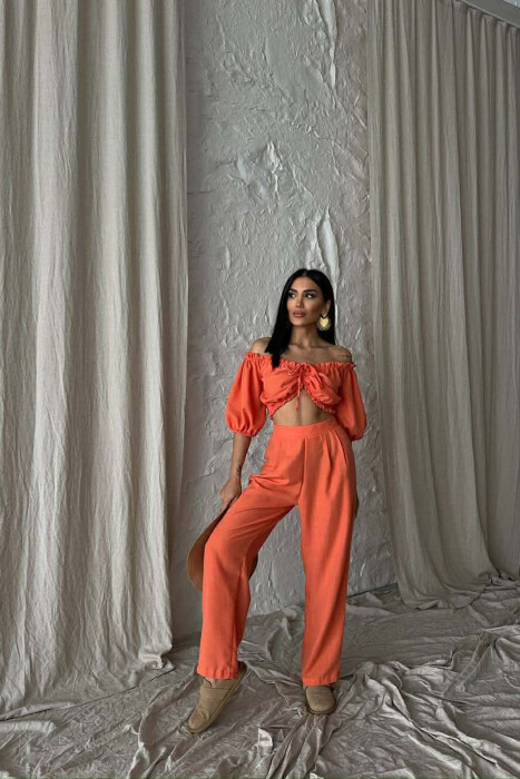 SHORT SLEEVE CROP TOP +TROUSERS WOMAN TWO PIECE SET ORANGE/PORTOKALLI - 1