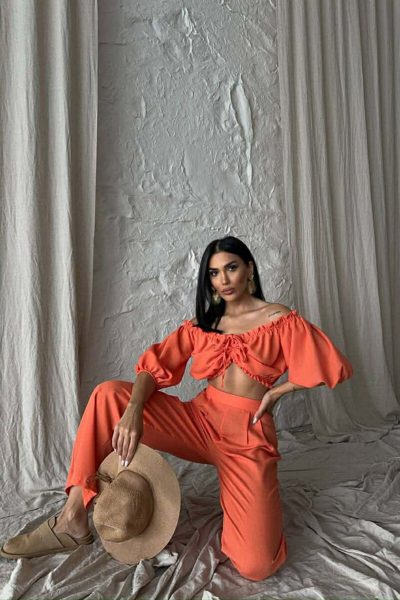 SHORT SLEEVE CROP TOP +TROUSERS WOMAN TWO PIECE SET ORANGE/PORTOKALLI - 2