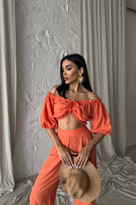 SHORT SLEEVE CROP TOP +TROUSERS WOMAN TWO PIECE SET ORANGE/PORTOKALLI - 3