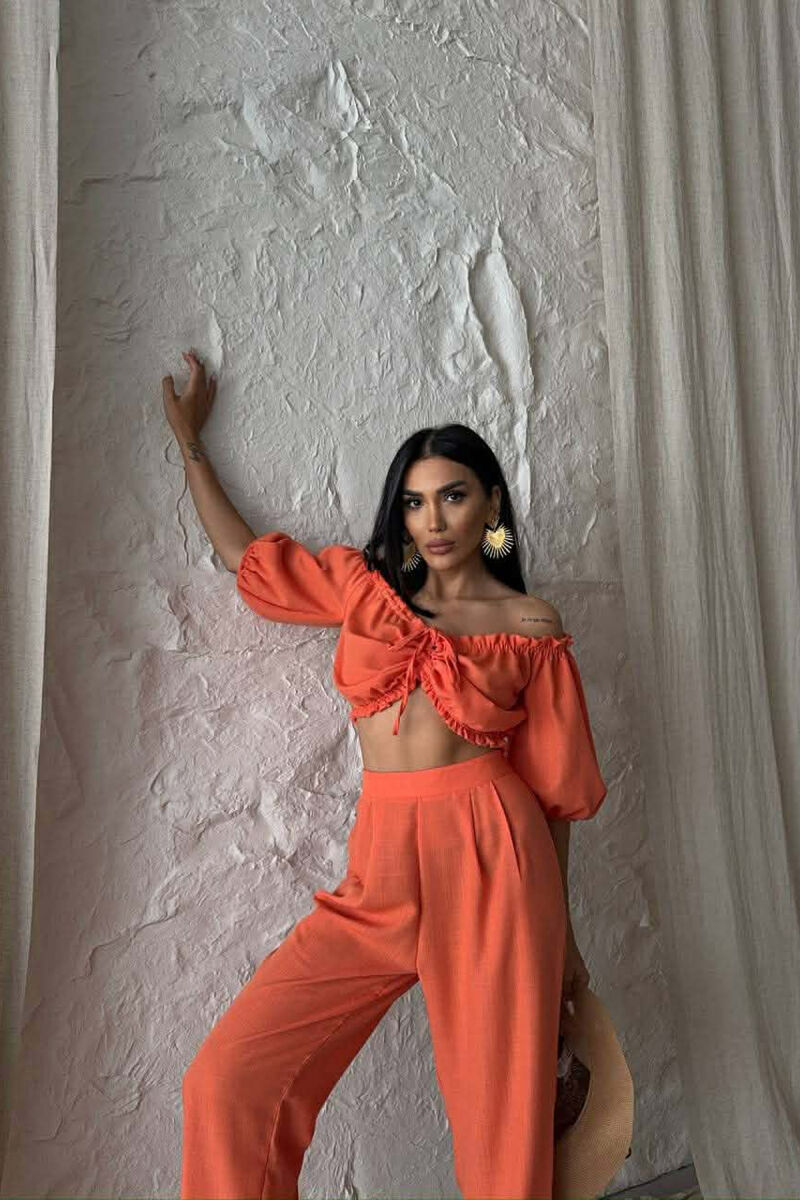 SHORT SLEEVE CROP TOP +TROUSERS WOMAN TWO PIECE SET ORANGE/PORTOKALLI - 5