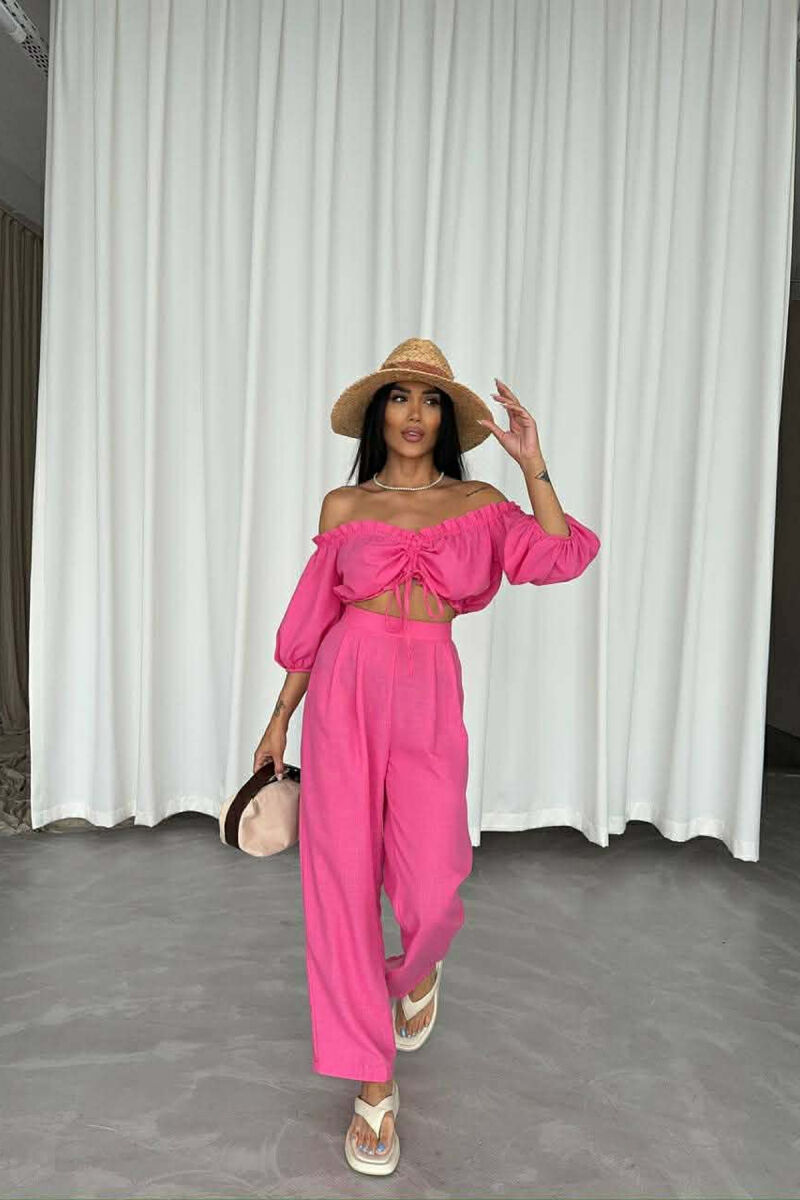 SHORT SLEEVE CROP TOP +TROUSERS WOMAN TWO PIECE SET PINK/ROZE - 1