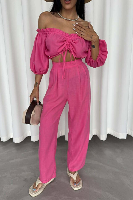 SHORT SLEEVE CROP TOP +TROUSERS WOMAN TWO PIECE SET PINK/ROZE - 3