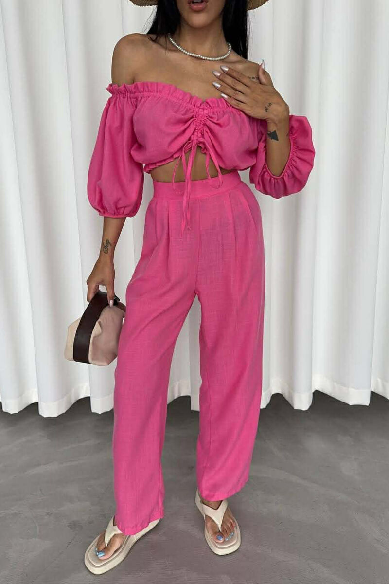 SHORT SLEEVE CROP TOP +TROUSERS WOMAN TWO PIECE SET PINK/ROZE - 3