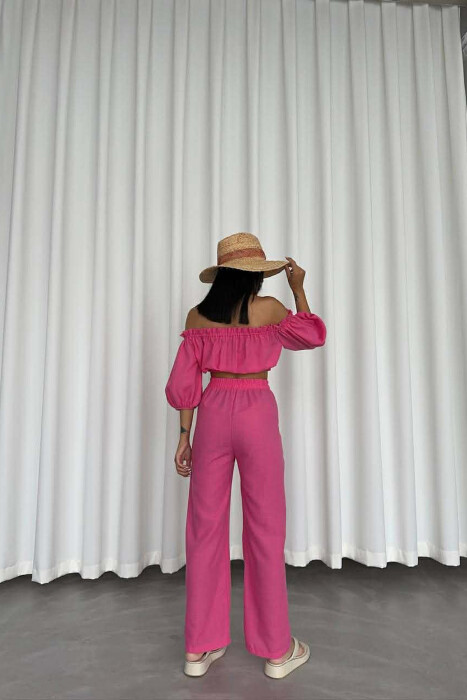 SHORT SLEEVE CROP TOP +TROUSERS WOMAN TWO PIECE SET PINK/ROZE - 4