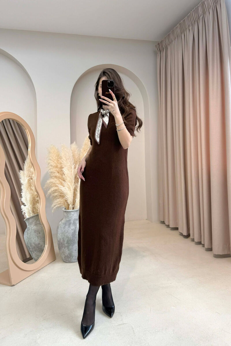 SHORT SLEEVE ONE COLOR LONG WOMEN DRESS BROWN/KAFE - 1
