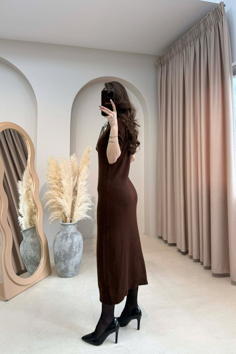 SHORT SLEEVE ONE COLOR LONG WOMEN DRESS BROWN/KAFE - 2