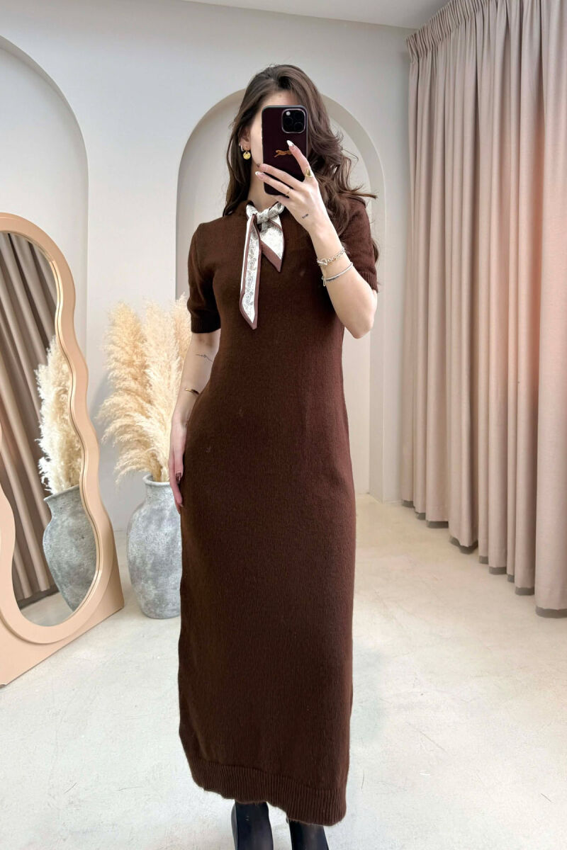 SHORT SLEEVE ONE COLOR LONG WOMEN DRESS BROWN/KAFE - 3