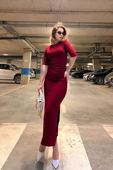 SHORT SLEEVE ONE COLOR LONG WOMEN DRESS BURGUNDY/VISHNJE 