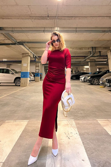 SHORT SLEEVE ONE COLOR LONG WOMEN DRESS BURGUNDY/VISHNJE - 4