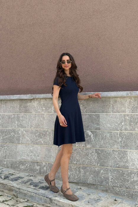 SHORT SLEEVE ONE COLOR WOMAN DRESS DARK BLUE/BEE - 3