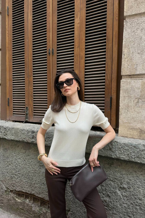 SHORT SLEEVE ONE COLOR WOMEN SWEATER CREAM/KREM - 2