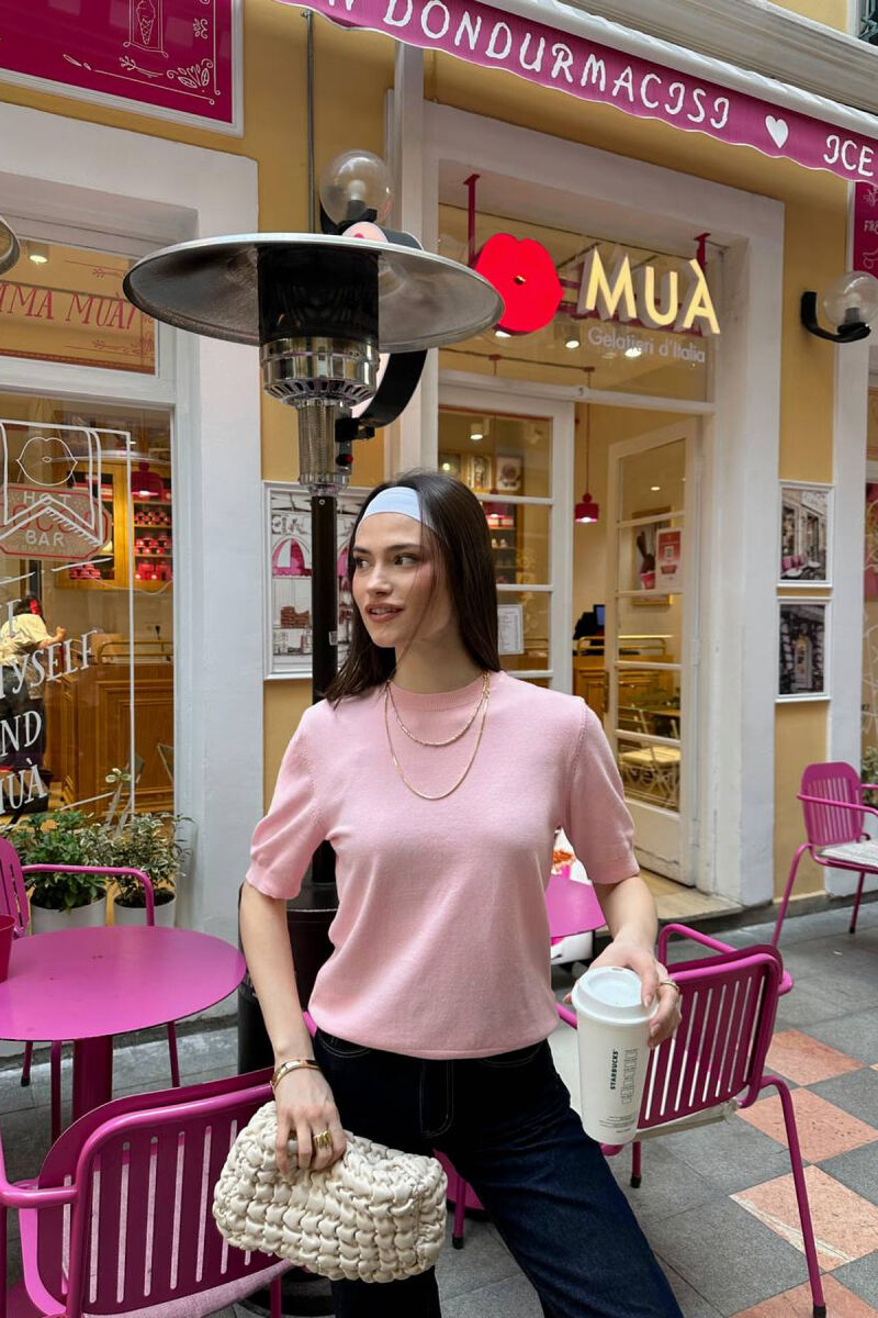 SHORT SLEEVE ONE COLOR WOMEN SWEATER PINK/ROZE - 1