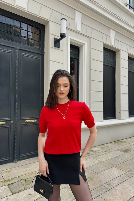 SHORT SLEEVE ONE COLOR WOMEN SWEATER RED/E KUQE - KLAUDIO FASHION
