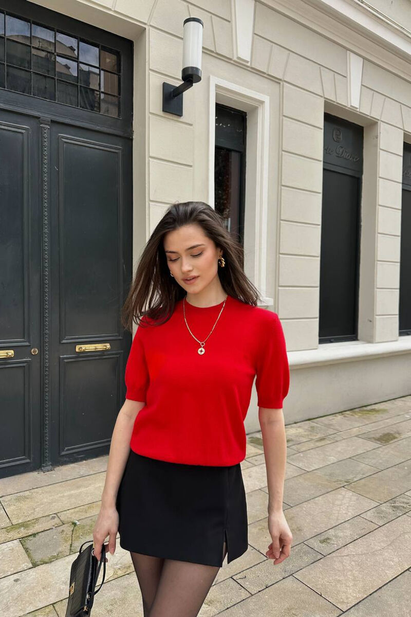 SHORT SLEEVE ONE COLOR WOMEN SWEATER RED/E KUQE - 2
