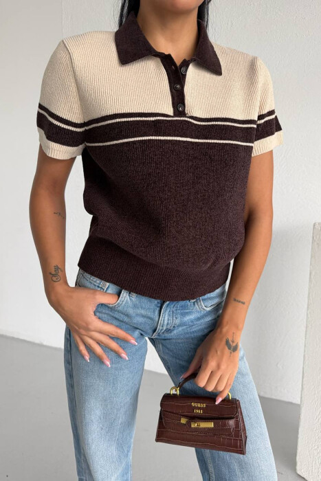 SHORT SLEEVE POLO BUTTONED NECK WOMEN SWEATER CREAM-BROWN/KRKA - 2
