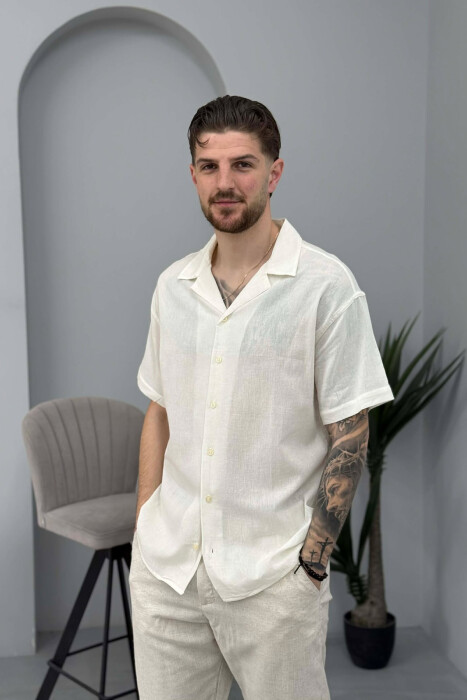 SHORT SLEEVE SIMPLE MEN SHIRT CREAM/KREM - KLAUDIO FASHION