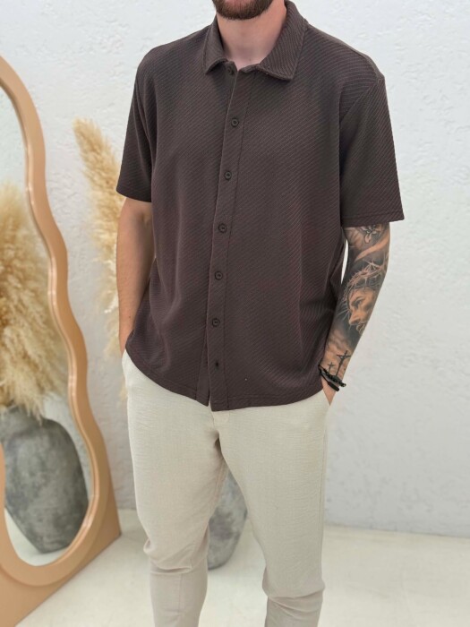SHORT SLEEVE TEXTURED MEN SHIRT BROWN/KAFE - 4