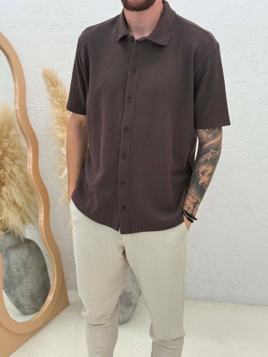 SHORT SLEEVE TEXTURED MEN SHIRT BROWN/KAFE - 4