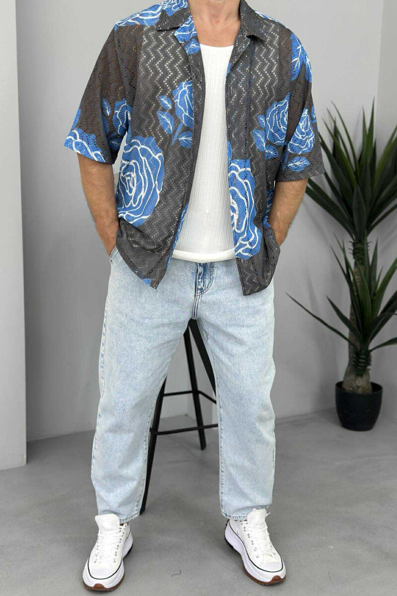 SHORT SLEEVES DESIGNED MEN SHIRT GREY-BLUE/ GRBL - 1