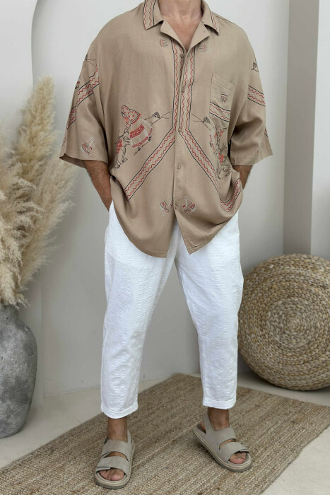 SHORT SLEEVES DESIGNED MEN SHIRT LIGHT BROWN/KAZB - 1