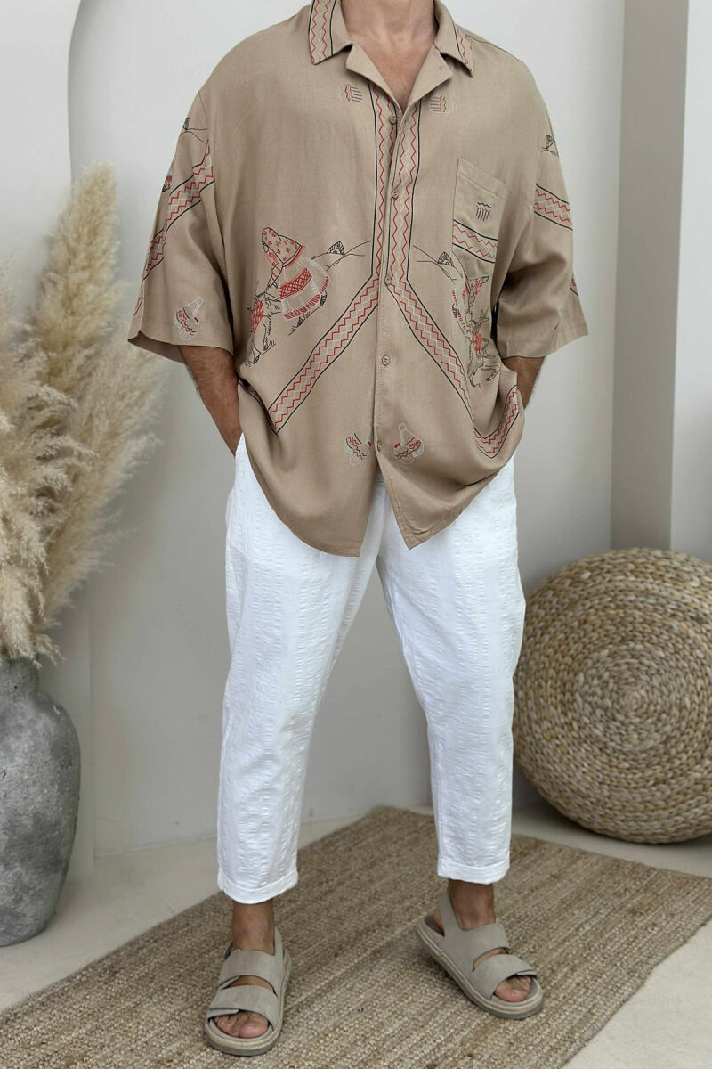 SHORT SLEEVES DESIGNED MEN SHIRT LIGHT BROWN/KAZB - 1