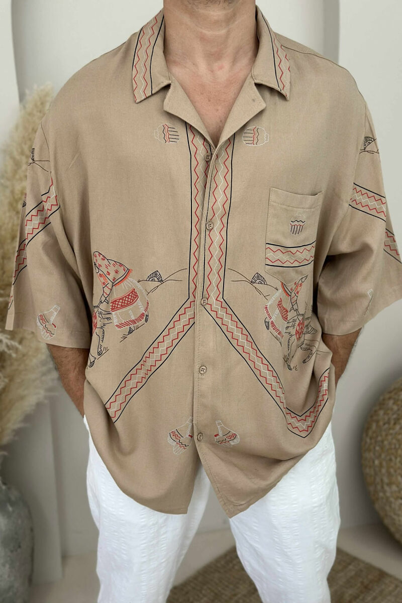 SHORT SLEEVES DESIGNED MEN SHIRT LIGHT BROWN/KAZB - 2