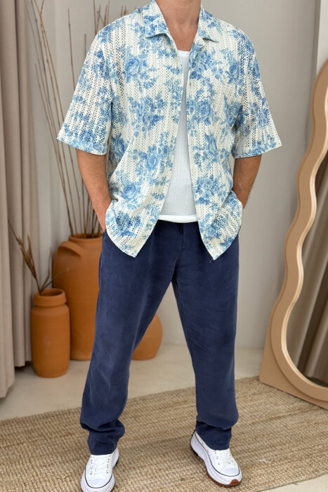 SHORT SLEEVES FLOWERS DESIGN MEN SHIRT CREAM-LIGHTBLUE/KRBZ - 1