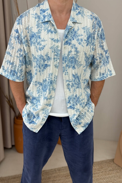 SHORT SLEEVES FLOWERS DESIGN MEN SHIRT CREAM-LIGHTBLUE/KRBZ - 2