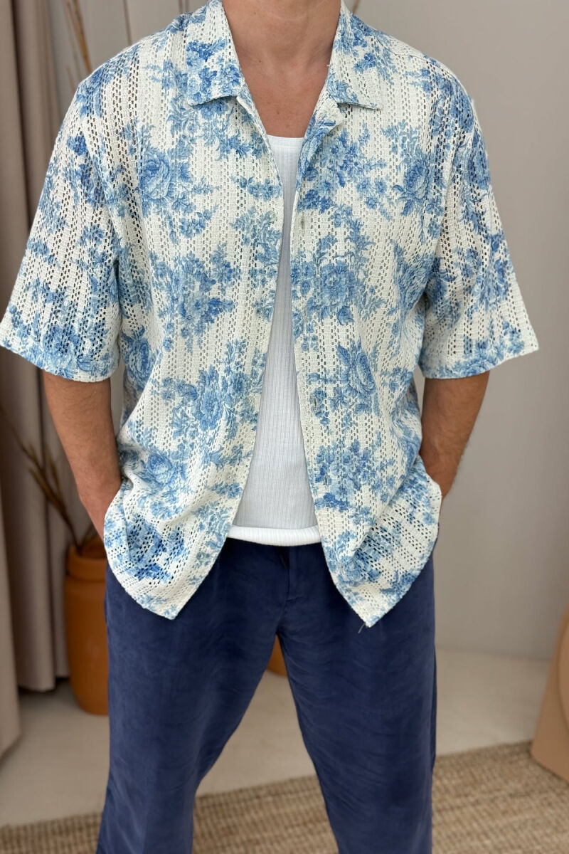 SHORT SLEEVES FLOWERS DESIGN MEN SHIRT CREAM-LIGHTBLUE/KRBZ - 2